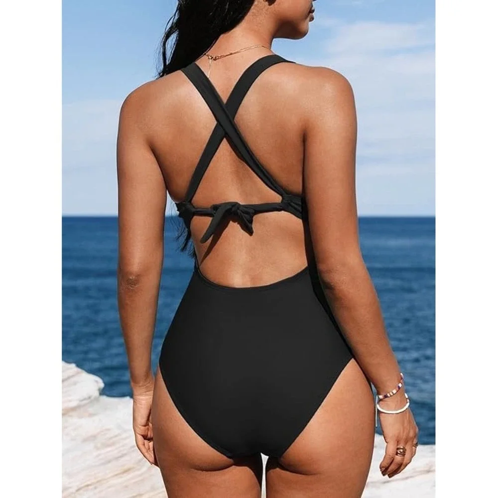 Cupshe Black Ruched One Piece Swimsuit V-Neck Tie Back Size L DAA12E3F005AA - Picture 10 of 10